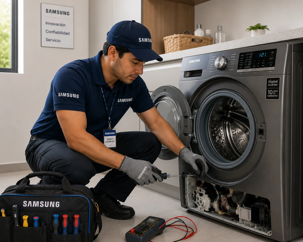 Técnico Samsung revisando un centro de lavado
